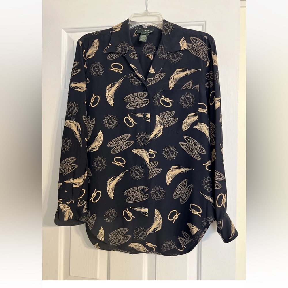 Lauren Ralph Lauren Nautical Print Silk Blouse  Size Small Navy Blue Sail Boats